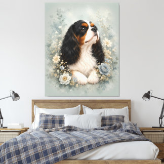 Cavalier King Charles Spaniel with Blue Flowers | Canvas Afdruk
