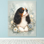 Cavalier King Charles Spaniel with Blue Flowers | Canvas Afdruk (Insitu (Houten vloer))