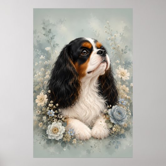 Cavalier King Charles Spaniel with Blue Flowers | Poster (Voorkant)