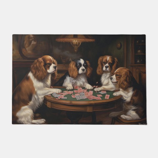 Cavalier King Charles Spaniels Spelen Poker Art Deurmat (Voorkant)