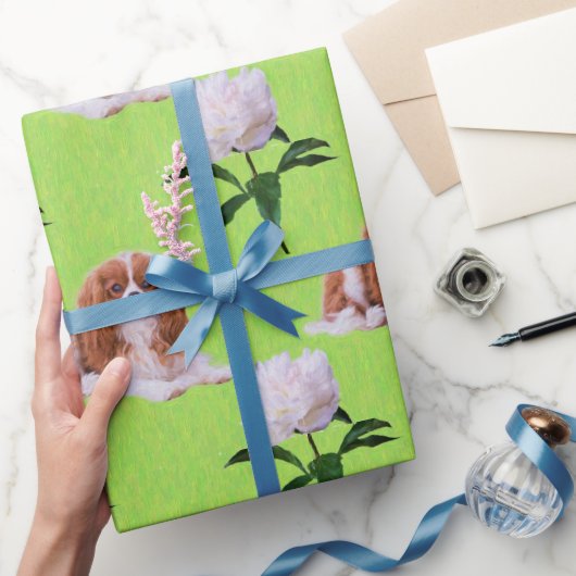 Cavalier King Charles & White Peony Wrapping Paper Cadeaupapier (Geschenken)