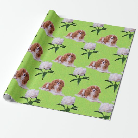 Cavalier King Charles & White Peony Wrapping Paper Cadeaupapier (Uitgerold)
