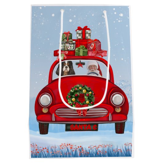 Cavalier King Dog in auto met kerstman Medium Cadeauzakje (Achterkant)