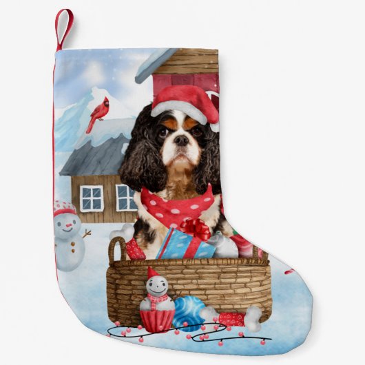 Cavalier King Dog in het sneeuwkersthondenhuis Kleine Kerstsok (Voorkant)