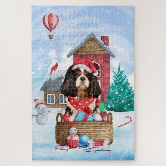 Cavalier King Dog in het sneeuwkersthondenhuis Legpuzzel (Verticaal)