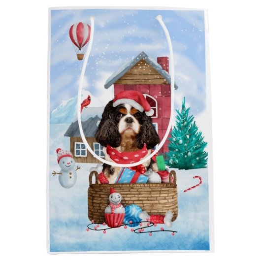 Cavalier King Dog in het sneeuwkersthondenhuis Medium Cadeauzakje (Voorkant)