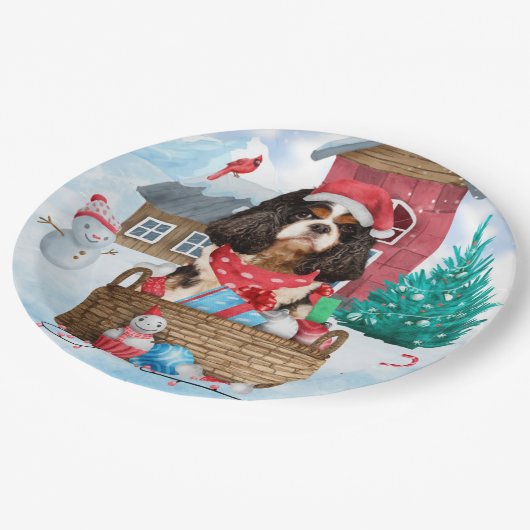 Cavalier King Dog in het sneeuwkersthondenhuis Papieren Bordje (Gekanteld)