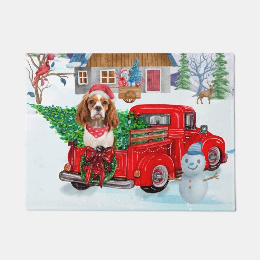Cavalier King Dog in kerstcadeauwagen Deurmat (Voorkant)