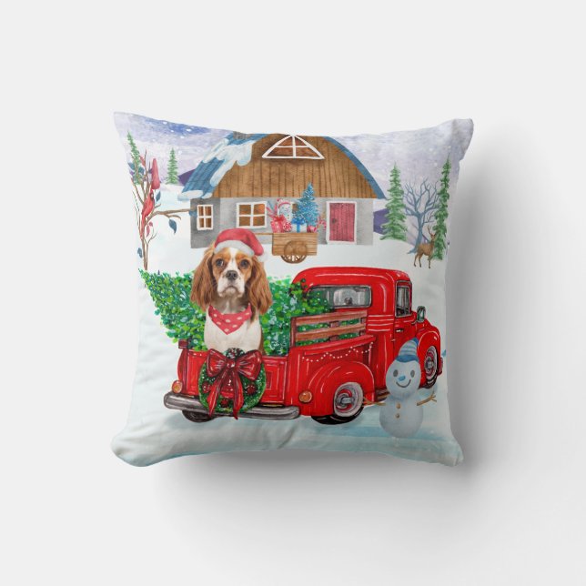 Cavalier King Dog in kerstcadeauwagen Kussen (Voorkant)