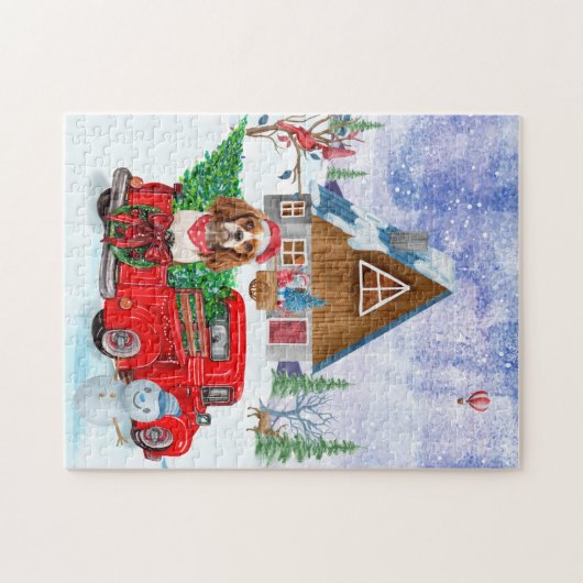 Cavalier King Dog in kerstcadeauwagen Legpuzzel (Horizontaal)