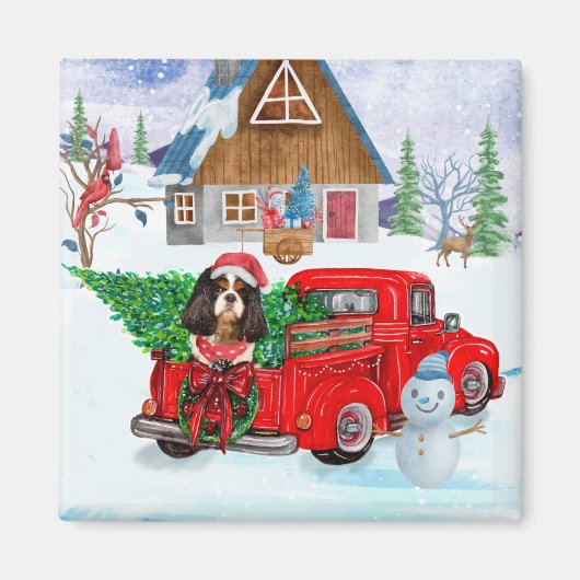 Cavalier King Dog in kerstcadeauwagen Magneet (Voorkant)