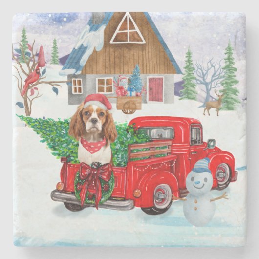 Cavalier King Dog in kerstcadeauwagen Stenen Onderzetter (Voorkant)