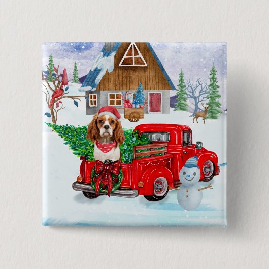 Cavalier King Dog in kerstcadeauwagen Vierkante Button 5,1 Cm (Voorkant)