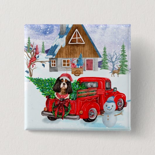 Cavalier King Dog in kerstcadeauwagen Vierkante Button 5,1 Cm (Voorkant)