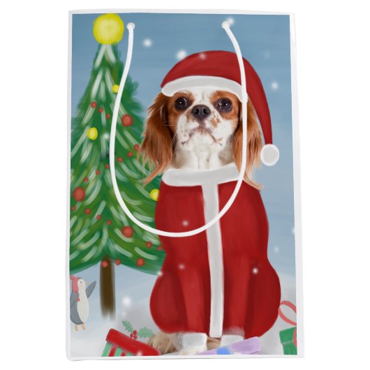 Cavalier King Dog in Snow met kerstcadeaus Medium Cadeauzakje (Voorkant)