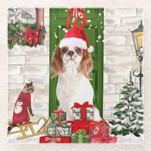 Cavalier King Dog Kerstmis Glazen Onderzetter (Voorkant)