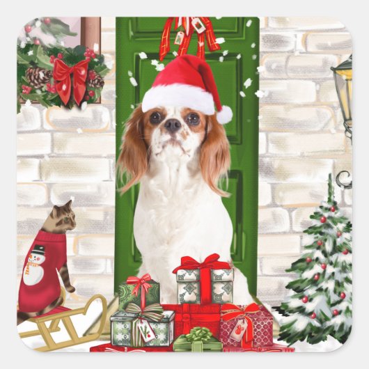 Cavalier King Dog Kerstmis Vierkante Sticker (Voorkant)