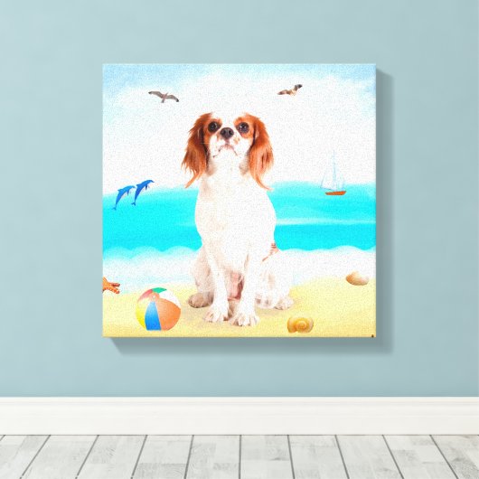 Cavalier King Dog op strand Canvas Afdruk (Insitu (Houten vloer))