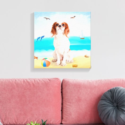 Cavalier King Dog op strand Canvas Afdruk (Insitu (Woonkamer))