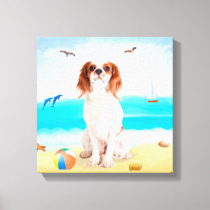 Cavalier King Dog op strand Canvas Afdruk