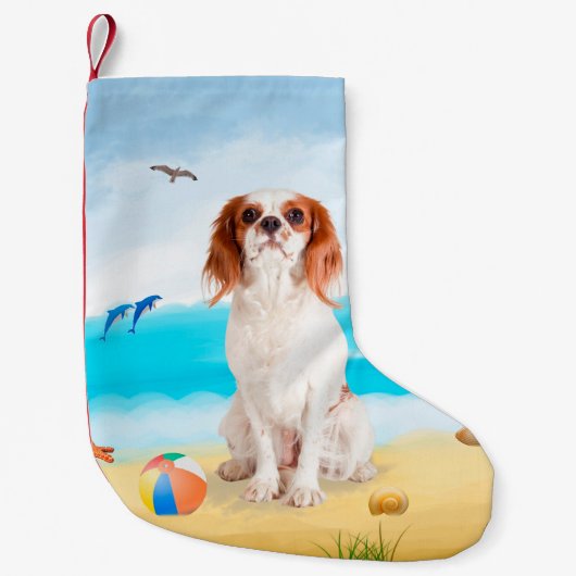 Cavalier King Dog op strand Kleine Kerstsok (Voorkant)