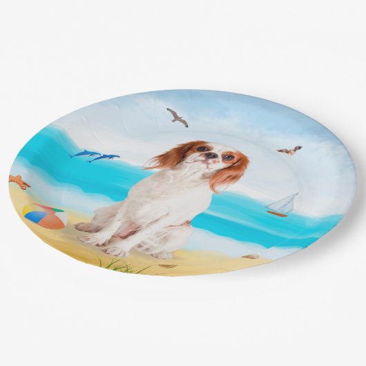 Cavalier King Dog op strand Papieren Bordje (Gekanteld)