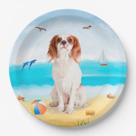 Cavalier King Dog op strand Papieren Bordje (Voorkant)