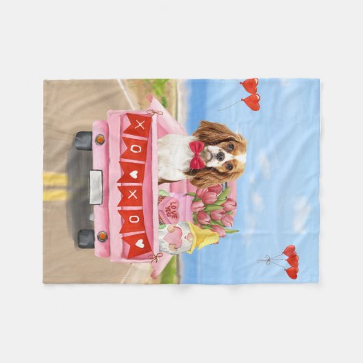 Cavalier King Dog Valentijnsdag Truck Hearts Fleece Deken (Voorkant (Horizontaal))