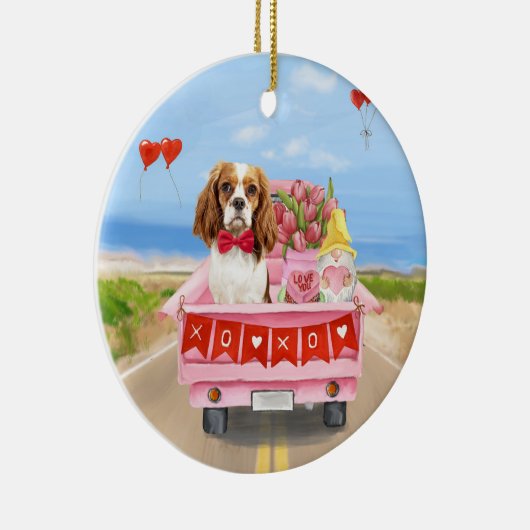 Cavalier King Dog Valentijnsdag Truck Hearts Keramisch Ornament (Rechts)