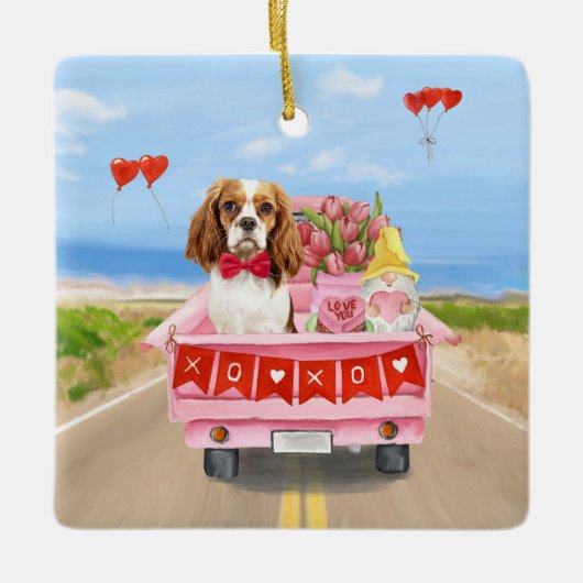 Cavalier King Dog Valentijnsdag Truck Hearts Keramisch Ornament (Voorkant)