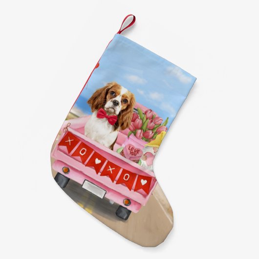 Cavalier King Dog Valentijnsdag Truck Hearts Kleine Kerstsok (Voorkant (Hangend))