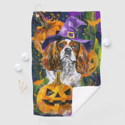 Cavalier King Hond Halloween Heks en Pompoen Golfhanddoek (Insitu)