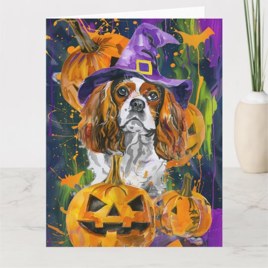Cavalier King Hond Halloween Heks en Pompoen Kaart (Voorkant)