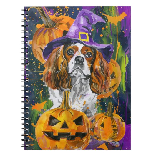 Cavalier King Hond Halloween Heks en Pompoen Notitieboek (Voorkant)