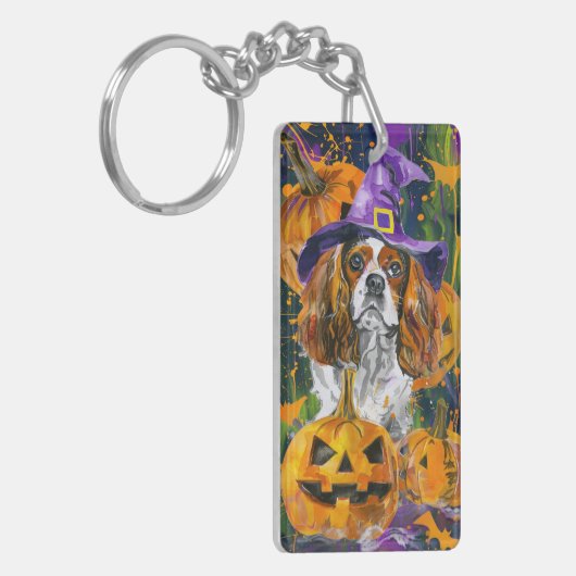 Cavalier King Hond Halloween Heks en Pompoen Sleutelhanger (Voorkant Links)