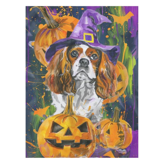 Cavalier King Hond Halloween Heks en Pompoen Tafelkleed (Voorkant)