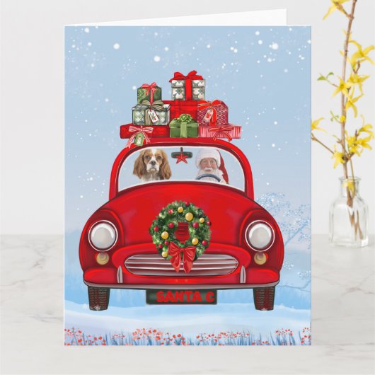 Cavalier King Hond in Auto Met Kerstman Kaart (Gele Bloem)