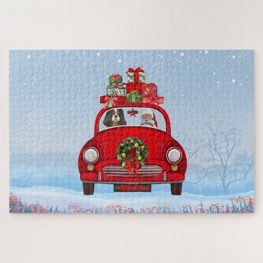 Cavalier King Hond In Auto Met Kerstman Legpuzzel (Horizontaal)