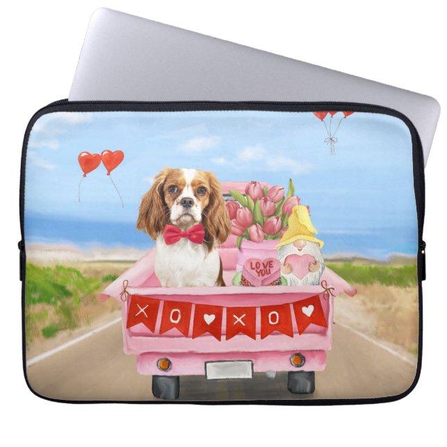 Cavalier King Hond Valentijnsdag Truck Harten Laptop Sleeve (Voorkant)