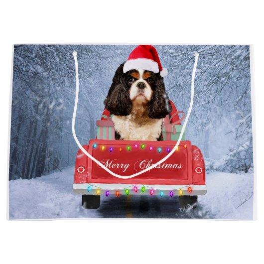Cavalier King in Snow, zittend in kersttruck Groot Cadeauzakje (Voorkant)