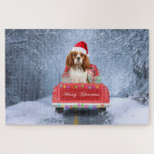 Cavalier King in Snow, zittend in kersttruck Legpuzzel (Horizontaal)