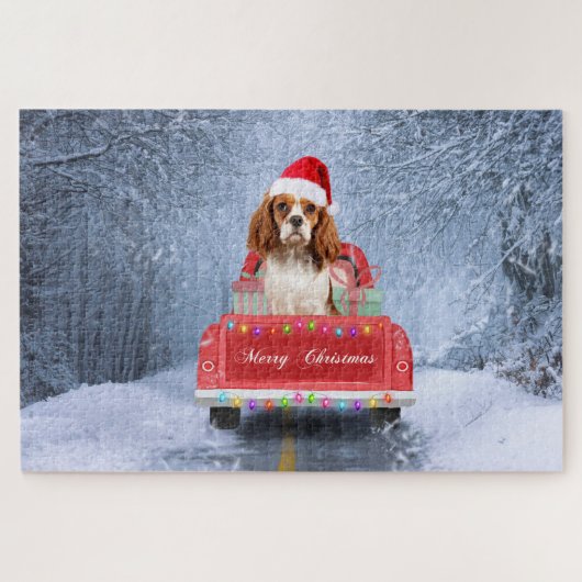 Cavalier King in Snow, zittend in kersttruck Legpuzzel (Horizontaal)