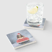 Cavalier King in Snow, zittend in kersttruck Stenen Onderzetter (Zijkant)