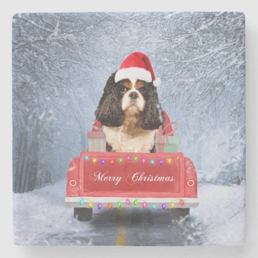 Cavalier King in Snow, zittend in kersttruck Stenen Onderzetter (Voorkant)