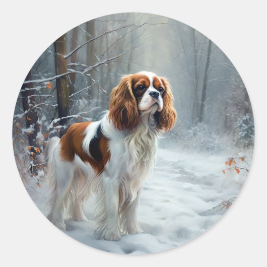 Cavalier King Laat het Sneeuwen Kerst Borstelend Ronde Sticker (Voorkant)