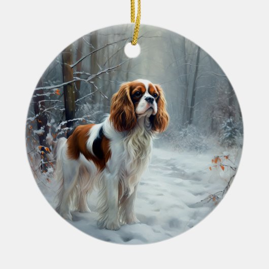 Cavalier King Laat het Sneeuwen Kerst Borstelhaar Keramisch Ornament (Voorkant)