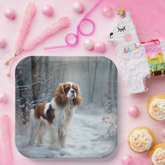 Cavalier King liet het sneeuwkerstborstel Papieren Bordje (Feest)