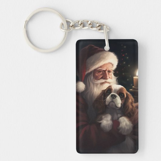 Cavalier King met Kerstman Feestelijke Kerstmis Sleutelhanger (Voorkant)
