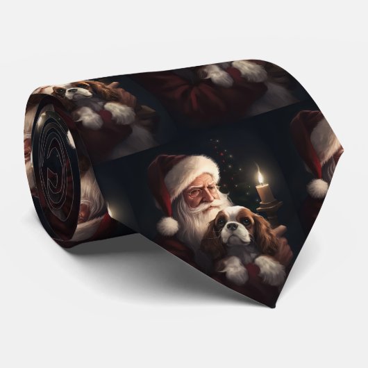 Cavalier King met Kerstman Feestelijke Kerstmis Stropdas (Opgerold)