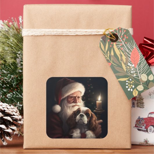 Cavalier King met Kerstman Feestelijke Kerstmis Vierkante Sticker (Feestdagen)